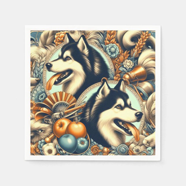 Retro Siberian Husky Illustration Napkin (Front)
