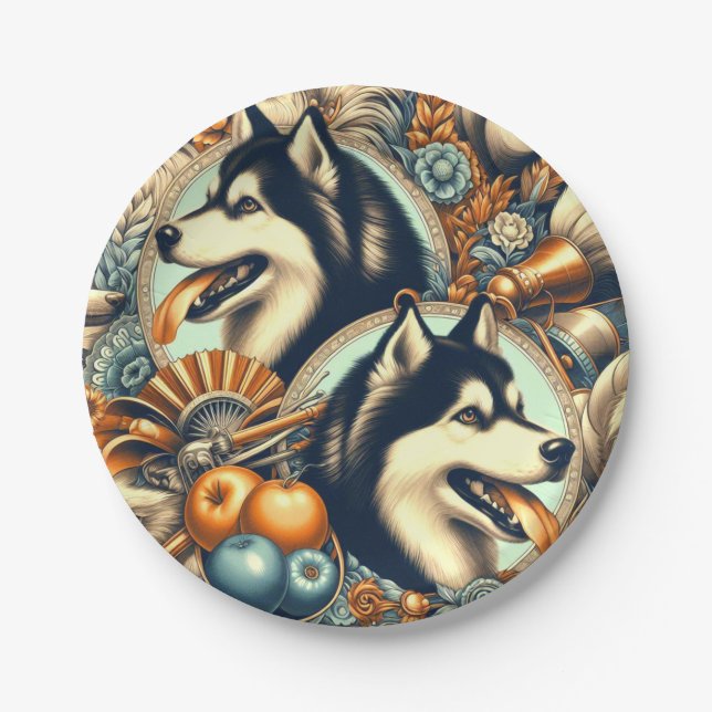 Retro Siberian Husky Illustration Paper Plate (Front)