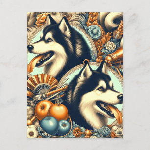 Retro Siberian Husky Illustration Postcard
