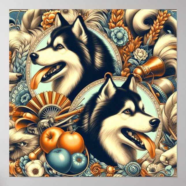 Retro Siberian Husky Illustration Poster (Front)