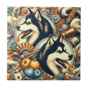 Retro Siberian Husky Illustration Tile