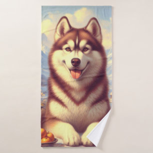 Retro Siberian Husky Painting Bath Towel