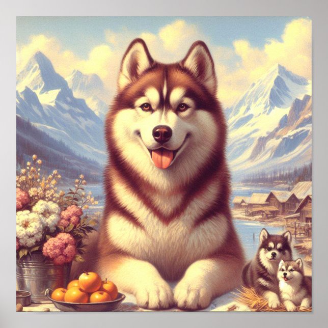 Retro Siberian Husky Painting Poster (Front)