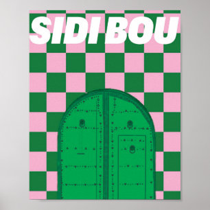 Retro Sidi Bou Said Poster   Vintage Green & Pink 