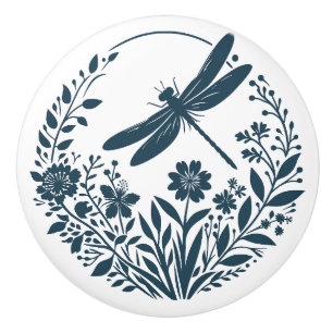 Retro Silhouette Dragonfly with Flowers Ceramic Knob