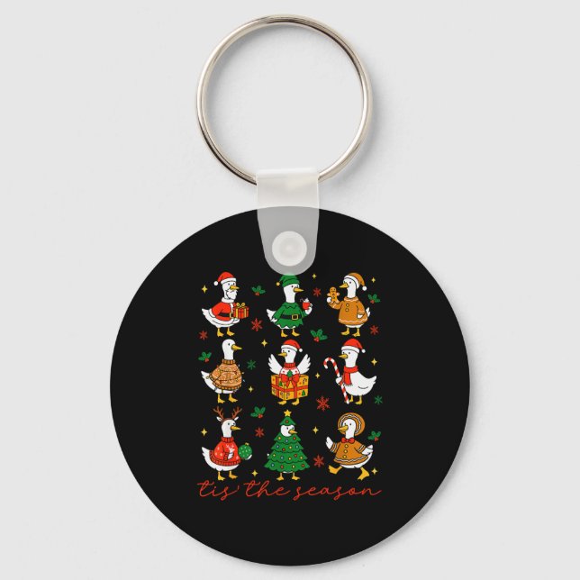 Retro Silly Goose Santa Cute Merry Christmas Tis T Key Ring (Front)