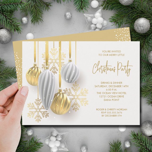 Retro Silver and Gold Ornaments Christmas Party Invitation (Retro silver and gold tree ornaments Christmas party invitations)