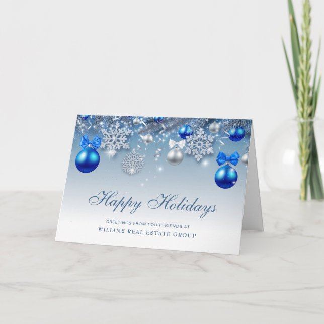 Retro Silver Christmas Ornament Corporate Greeting Holiday Card (Front)