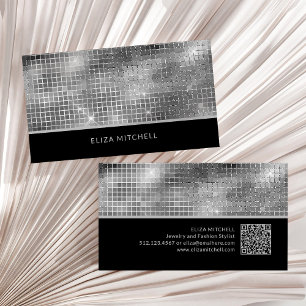 Retro Silver Gray Disco Ball Mirror   QR Code Business Card