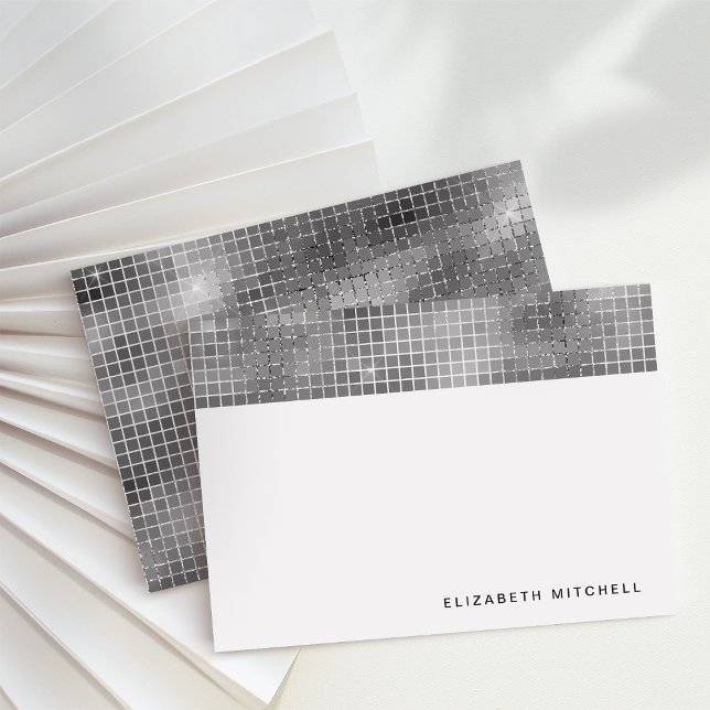Retro Silver Grey Disco Ball Mirror | Monogram Card (Glam, disco-inspired note cards)