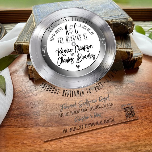 Retro Silver Vinyl Record Music Theme Wedding Arch Acrylic Invitations (Retro music black & silver vinyl record album unique arch shape acrylic wedding invitation QR code)