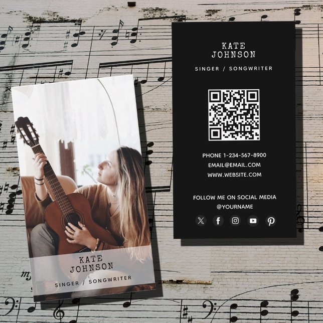 Retro Singer Musician Photo Modern Musical Black Business Card (Retro Singer Musician Photo Modern Musical Black Business Card)