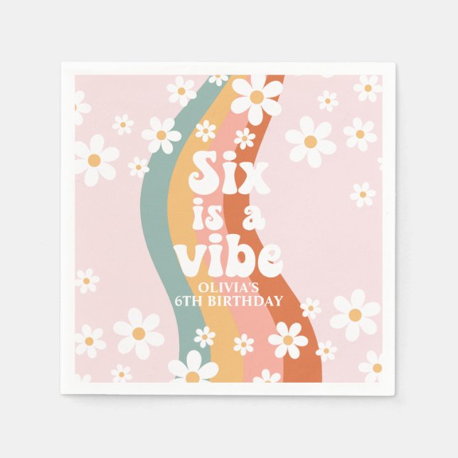 Retro Six is a Vibe Rainbow Daisy 6th Birthday Napkin (Front)