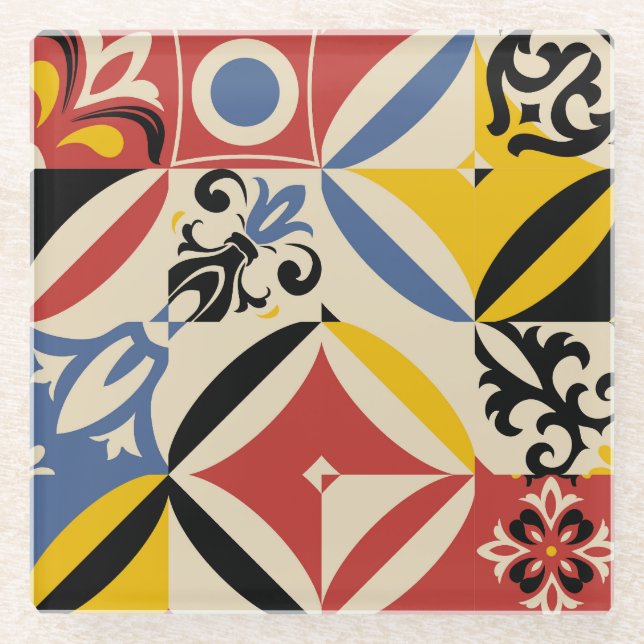Retro Sixties Azulejos Geometric Pattern Glass Coaster (Front)