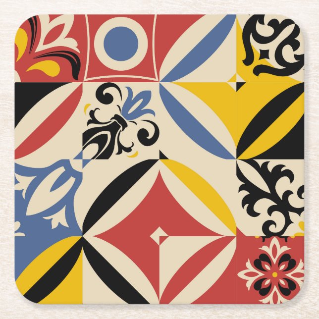 Retro Sixties Azulejos Geometric Pattern Square Paper Coaster (Front)