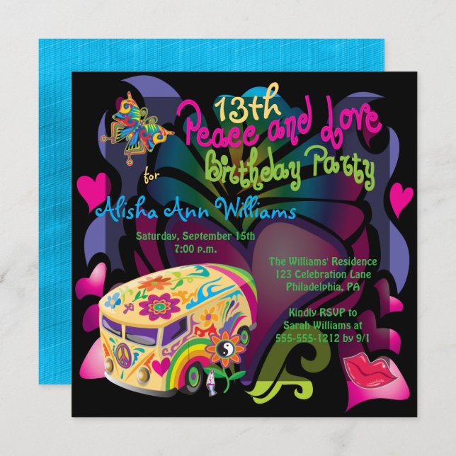 Retro Sixties Peace and Love 13th Birthday Party Invitation (Front/Back)