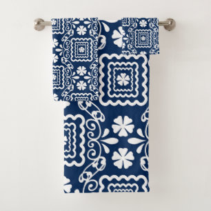 retro sixties white blue floral pattern bath towel set