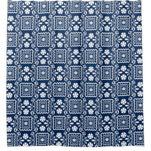 retro sixties white blue floral pattern shower curtain