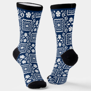 retro sixties white blue floral pattern socks