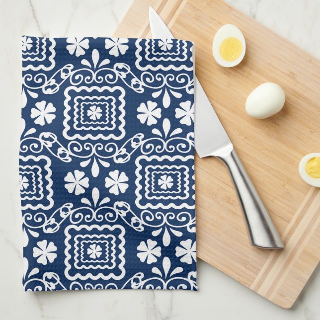 retro sixties white blue floral pattern tea towel (Quarter Fold)