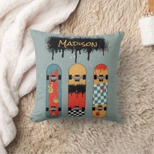 Retro Skateboard Blue Cool Custom Name Cushion
