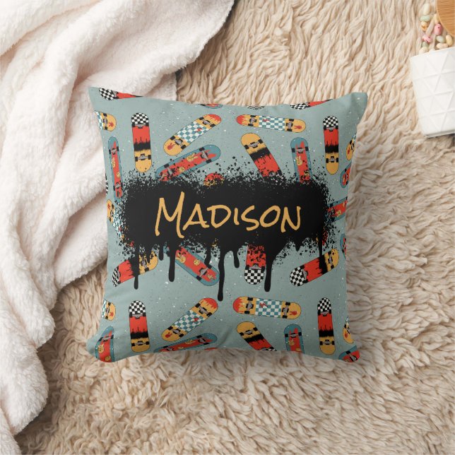 Retro Skateboard Blue Cool Pattern Custom Name Cushion (Blanket)