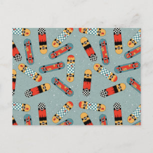 Retro Skateboard Blue Cool Pattern Holiday Postcard