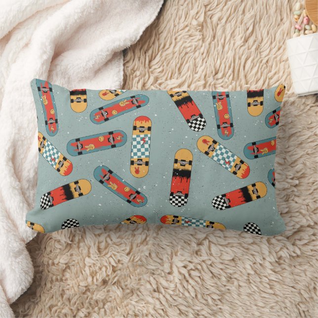 Retro Skateboard Blue Cool Pattern Lumbar Cushion (Blanket)
