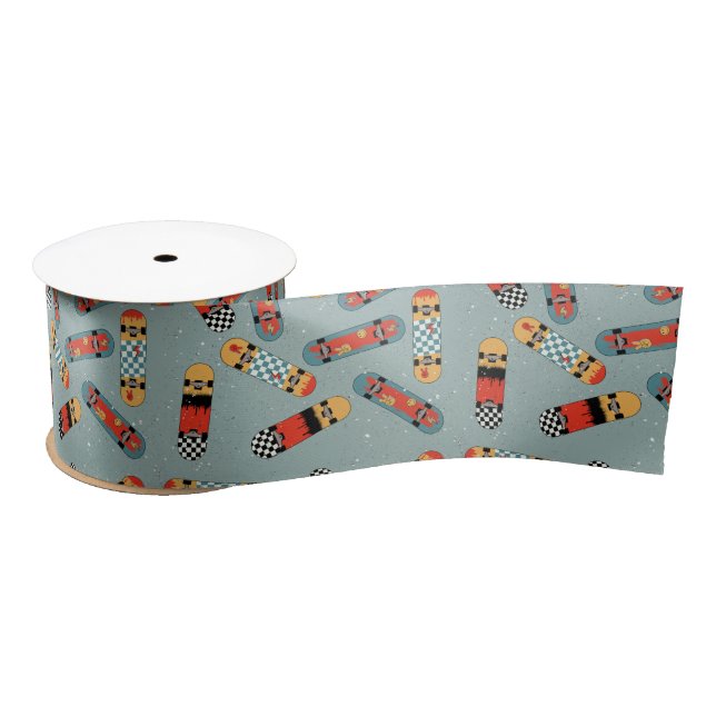 Retro Skateboard Blue Cool Pattern Satin Ribbon (Spool)