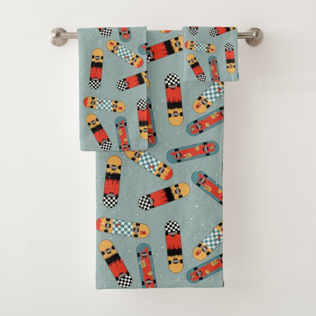 Retro Skateboard Blue Cool Seamless Pattern Bath Towel Set (Insitu)