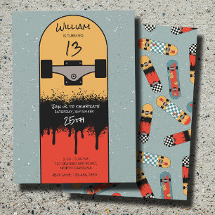 Retro Skateboard Blue Cool Skateboarder Birthday Invitation