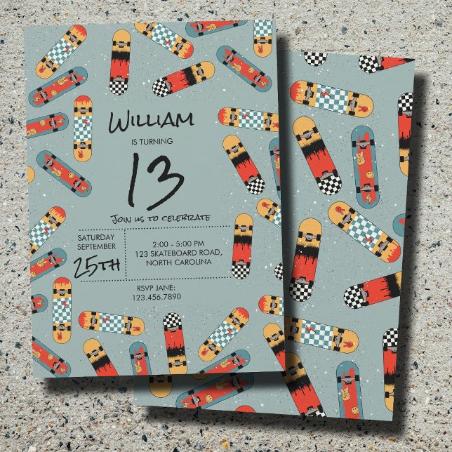 Retro Skateboard Blue Cool Skateboarding Birthday Invitation (Retro Skateboard Blue Cool Skateboarding Birthday Invitation)