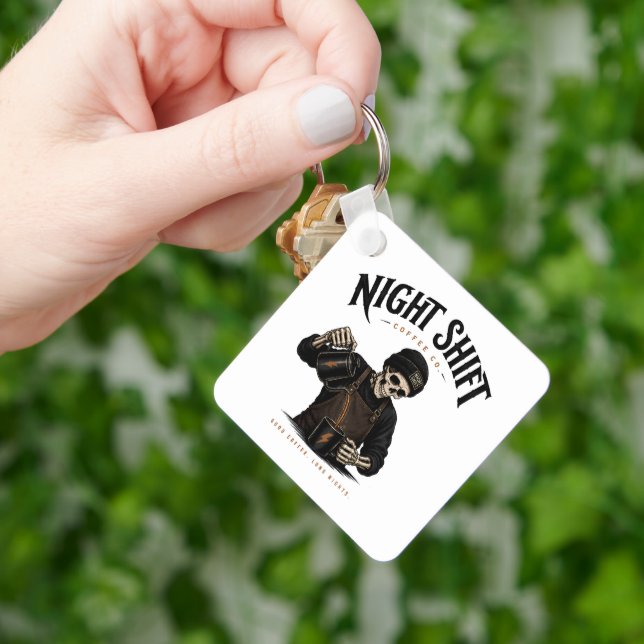Retro Skeleton Barista Night Shift Coffee Co Key Ring (Hand)