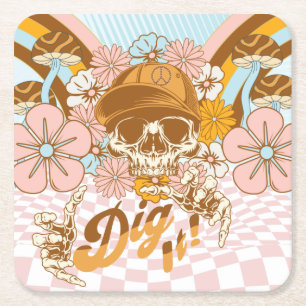 Retro Skeleton Botanical Florals Birthday Party   Square Paper Coaster