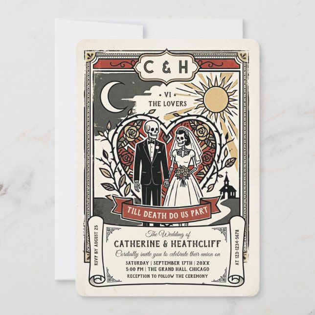 Retro Skeleton Bride and Groom | Tarot Wedding Invitation (Front)
