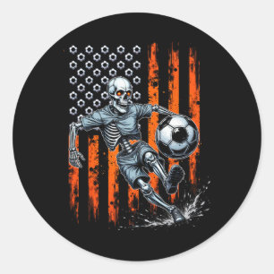 Retro Skeleton Playing Soccer Usa Flag Spooky Hall Classic Round Sticker