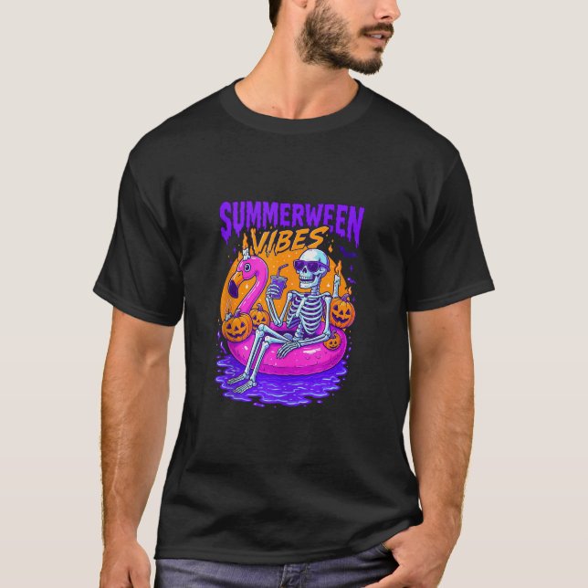 Retro Skeleton Summerween Vibes Beach Flamingo Hal T-Shirt (Front)