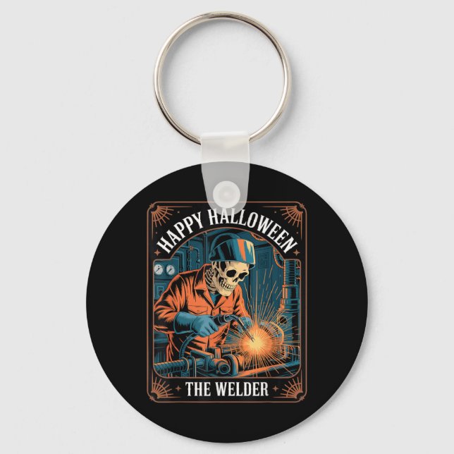 Retro Skeleton Welder Happy Halloween Welding Key Ring (Front)