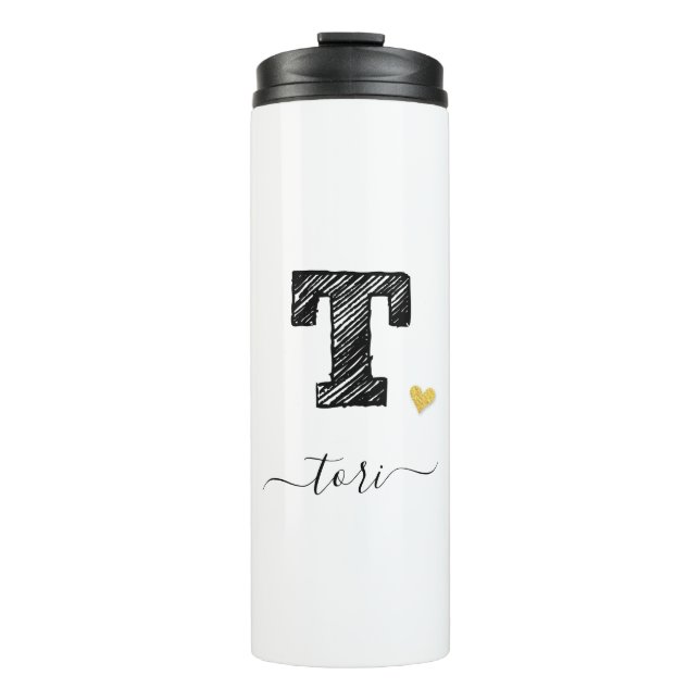 Retro Sketch Monogram Letter T, Thermal Tumbler (Front)