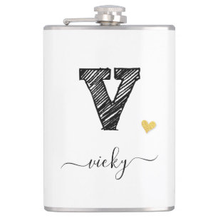 Retro Sketch Monogram Letter V, Flask