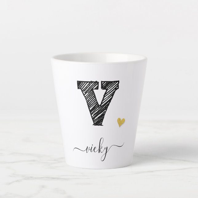 Retro Sketch Monogram Letter V, Latte Mug (Front)