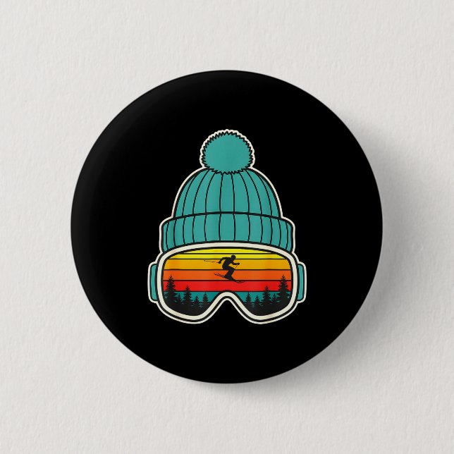 Retro ski goggles beanie reflection mountain sunse 6 cm round badge (Front)