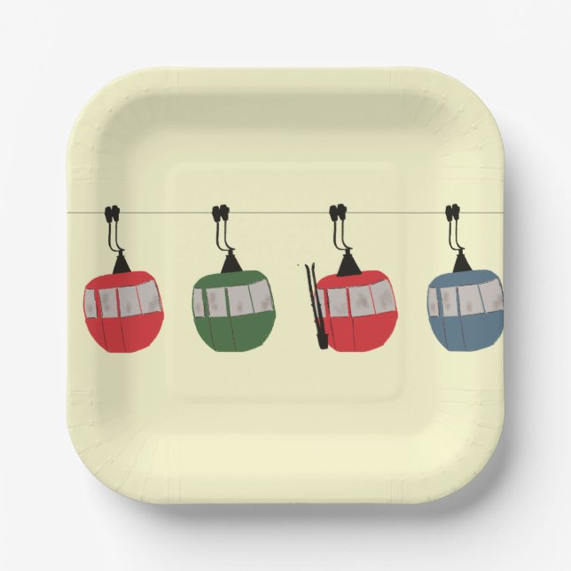 Retro Ski Gondola Lift Skiers Cream Paper Plate (Front)