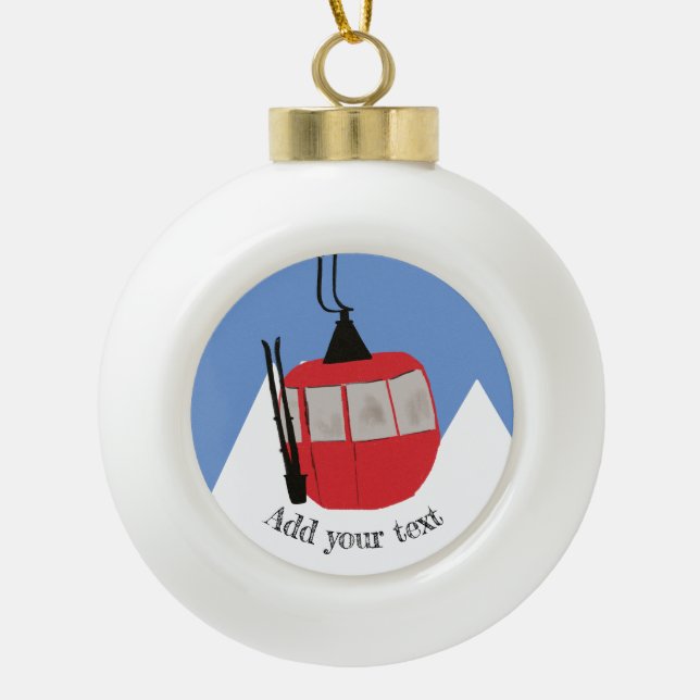 Retro Ski Lift Skiing Snow Mountain Illustration Ceramic Ball Christmas Ornament (Front)