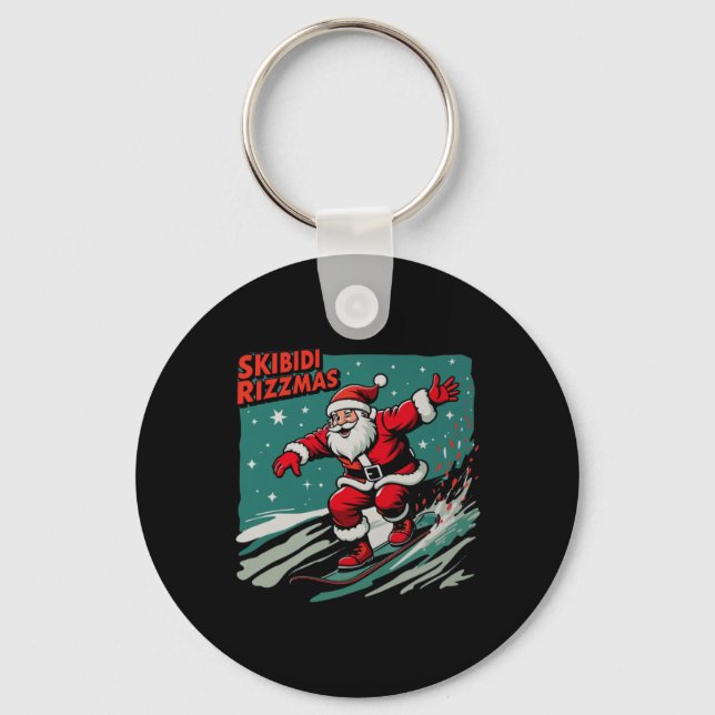 Retro Skibidi Rizzmas Funny Santa Clause Skating B Key Ring (Front)