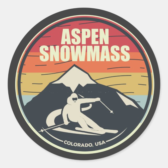 Retro Skiing Aspen Snowmass Colorado USA Classic Round Sticker (Front)