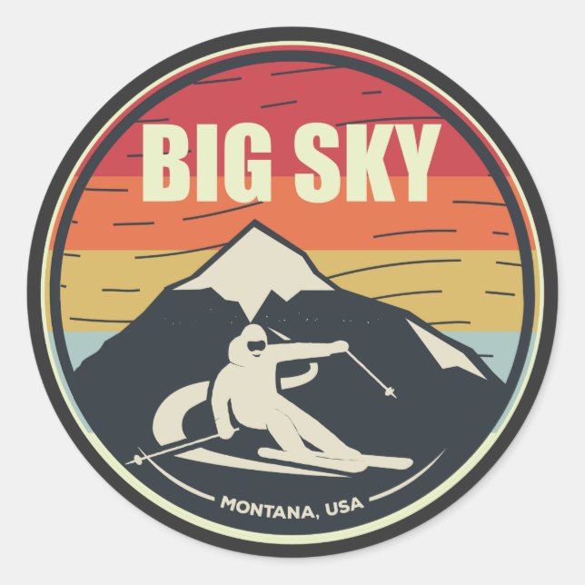 Retro Skiing Big Sky Montana USA Classic Round Sticker (Front)
