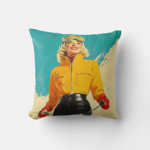 Retro Skiing Glamour Vintage Winter Adventure Cushion