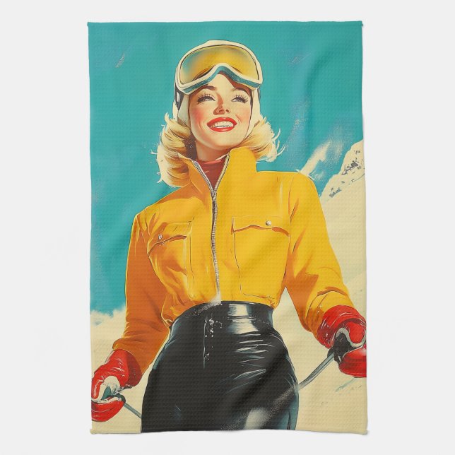 Retro Skiing Glamour Vintage Winter Adventure Tea Towel (Vertical)