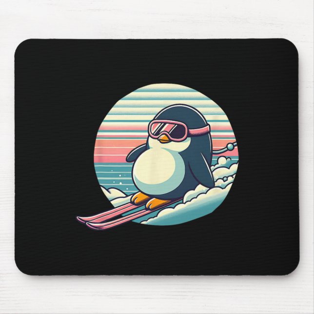 Retro Skiing Penguin Downhill Powder Run Winter  Mouse Pad (Front)